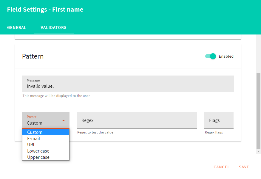 Pattern Field Validators in the Form Editor